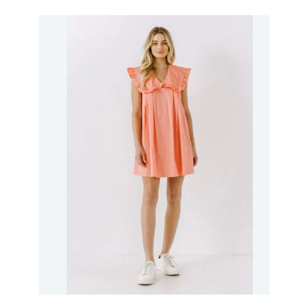 English Factory Coral wide Ruffle Collar Mini Dress Poplin Cotton SZ M